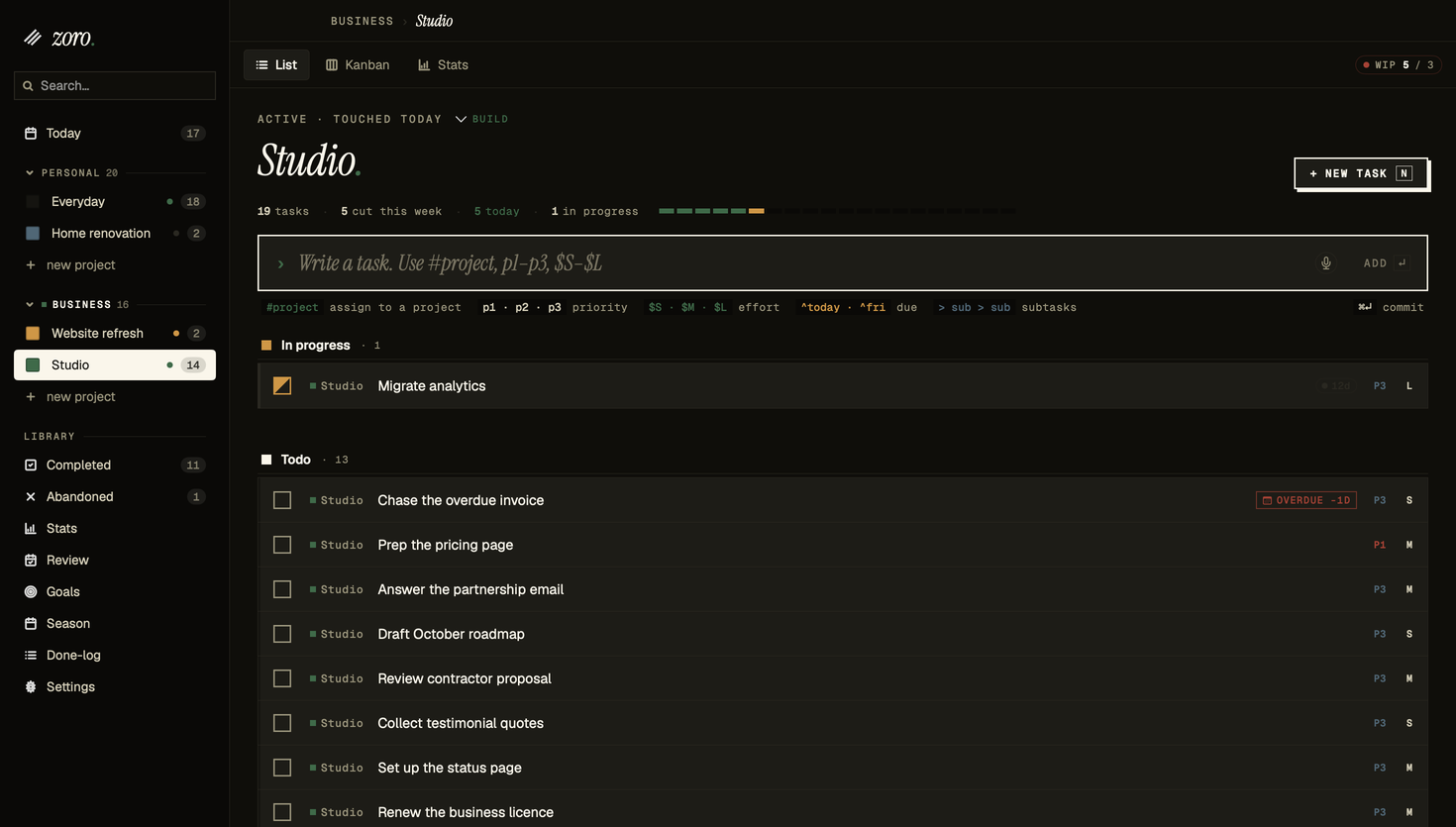 Zoro's list view on macOS showing a project with in-progress and todo sections, quick-add bar with terminal syntax hints, and priority and effort labels on each row.