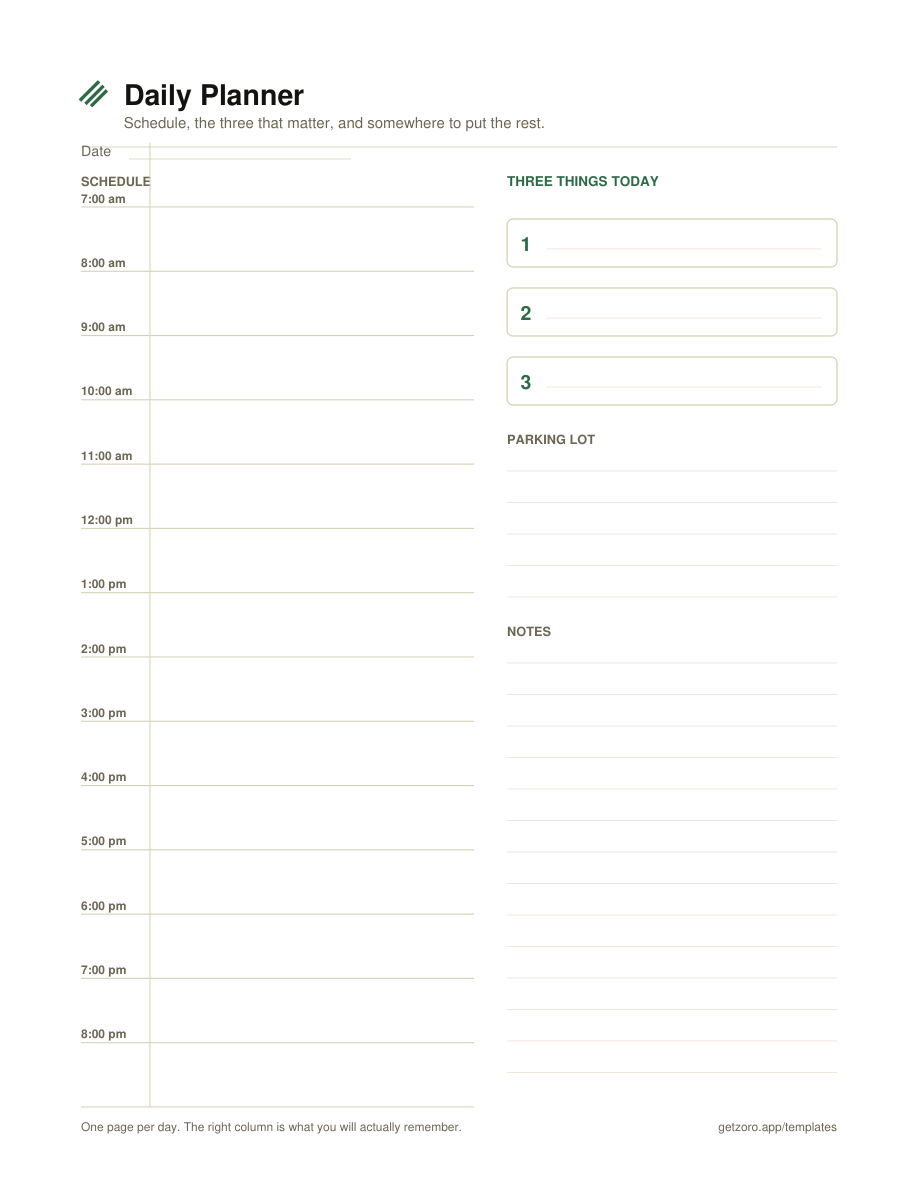 One-page daily planner PDF: an hourly schedule column on the left, with Three Things Today boxes, a parking lot and a notes section down the right.