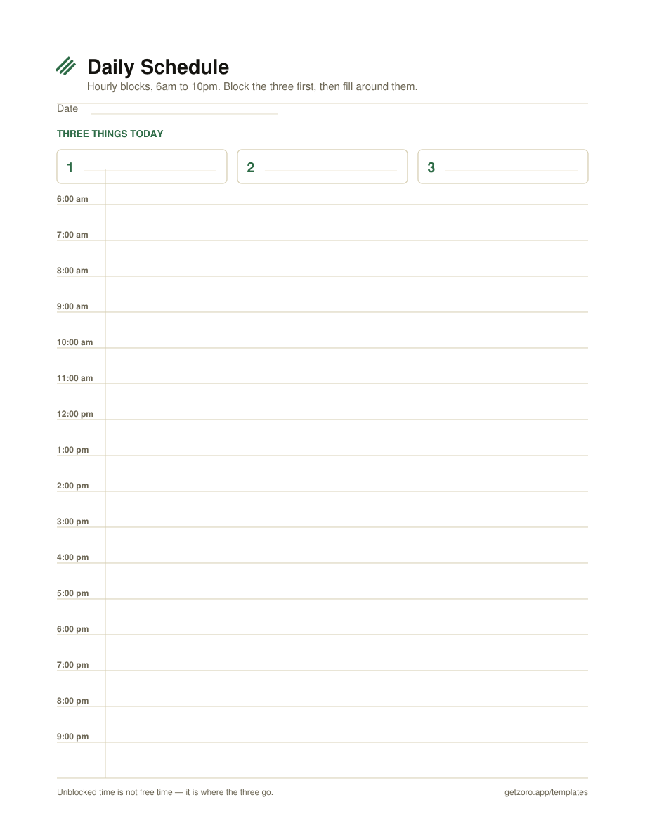 Hourly daily schedule template: three numbered boxes labelled Three Things Today above an hourly grid running from 6am to 10pm.