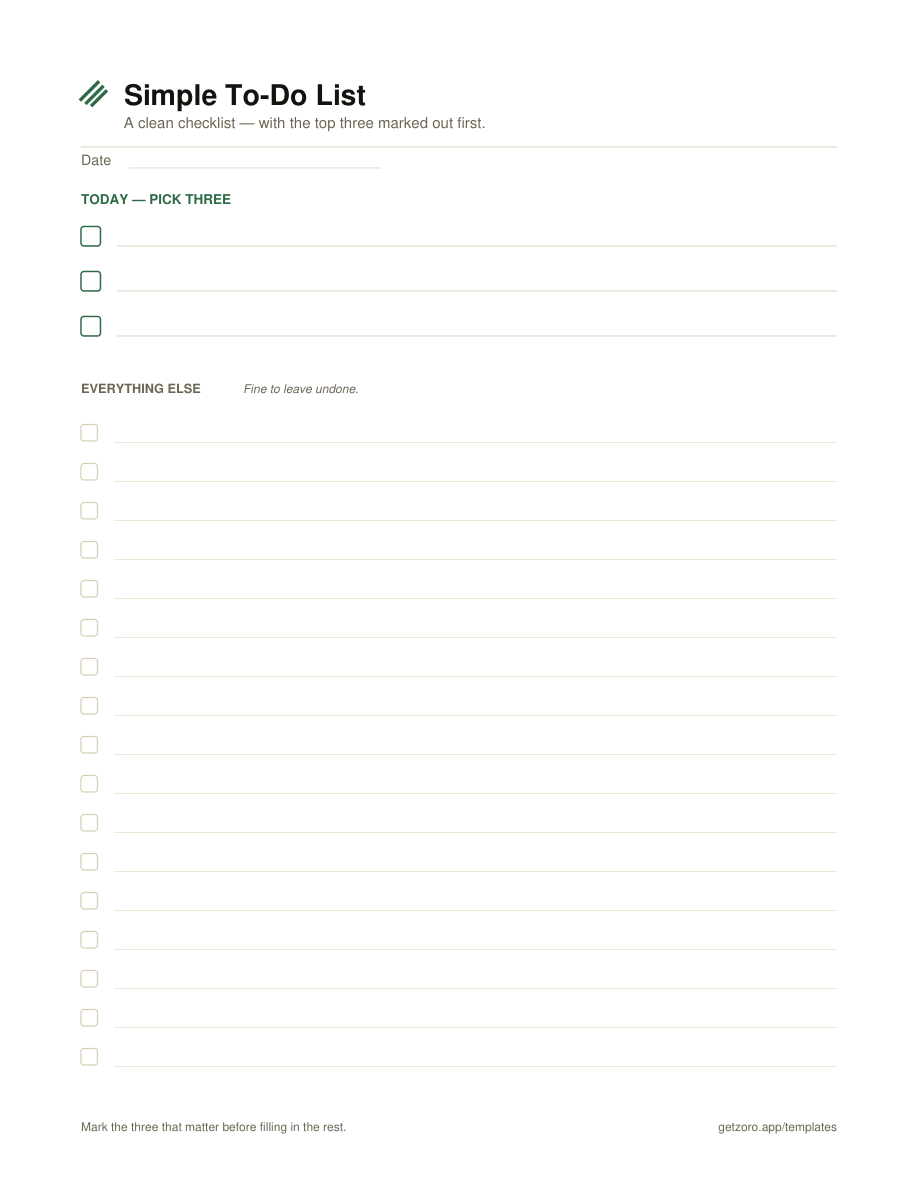 Simple to-do list template: three green checkboxes under a Today heading, followed by a long ruled checklist headed Everything else.