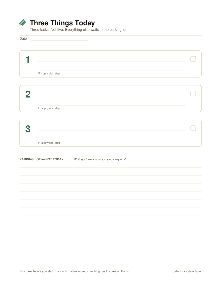Three Things Today printable to-do list template: three numbered task boxes each with a first-physical-step line, above a parking lot section for tasks that are not today.